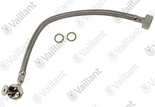 Vaillant-Befüllschlauch mit einem gewinkelten Anschluss und zwei Ringen, geeignet für die Installation in Heizungsanlagen.